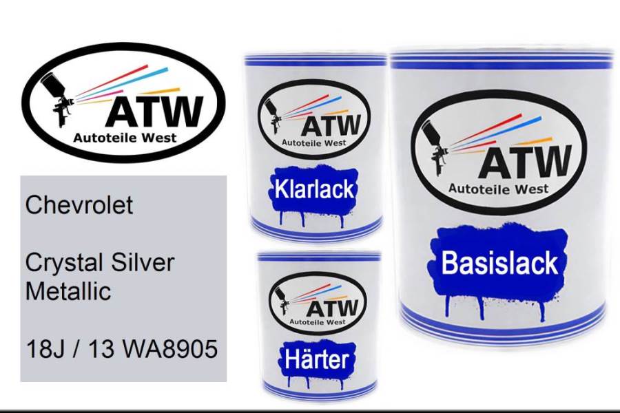 Chevrolet, Crystal Silver Metallic, 18J / 13 WA8905: 1L Lackdose + 1L Klarlack + 500ml Härter - Set, von ATW Autoteile West.